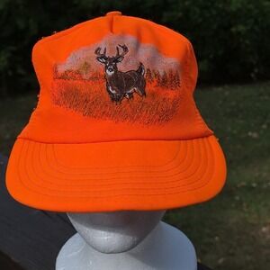 Vintage Made In The USA Hunting‎ Hat Big Buck Elastic Strap Back Blaze Orange